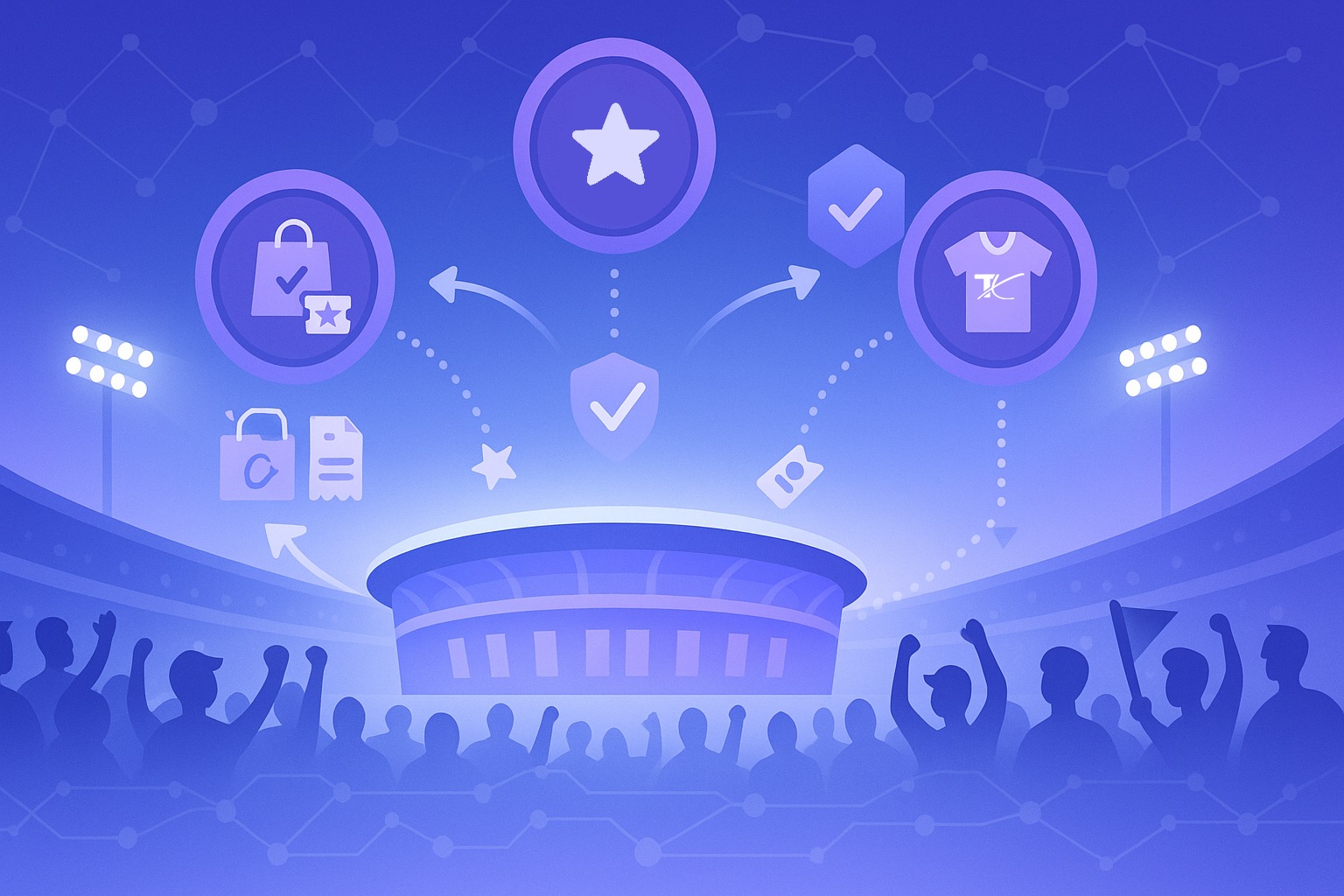 Blockchain-powered sports fan engagement concept showing digital tokens and virtual fan participation.